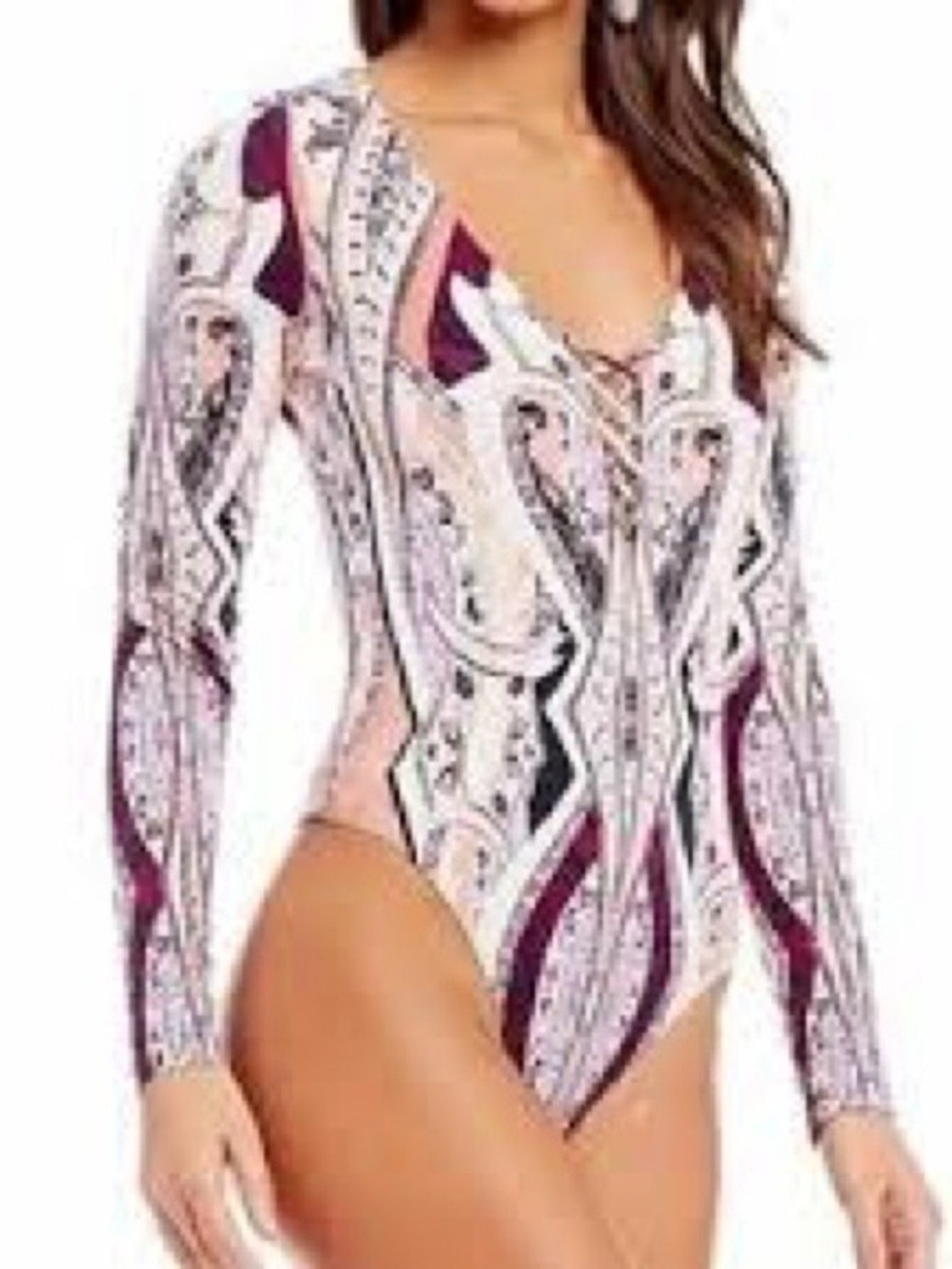 Free People Long Sleeve Lace-Up Paisley Bodysuit Nwt